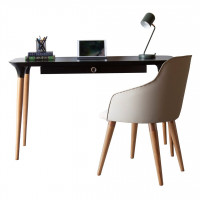 Manhattan Comfort 2-2532521018179 2-Piece HomeDock Office Desk with Organization Compartments and Martha Accent Chair Set in Black and Beige